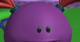 Jazzi, a playful purple character with pigtails, dressed in a colorful outfit, ready for adventures in a vibrant setting.