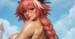 Siamofu-inspired character with vibrant pink hair, playful ears, and a scenic castle background, showcasing artistic fantasy elements.