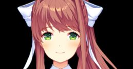 Monika from DDLC with long brown hair and green eyes, wearing her signature school uniform and ribbons.