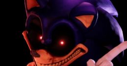 Sinister cartoon character with glowing red eyes and a wicked grin, inspired by creepy game aesthetics.