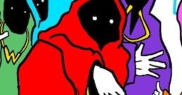 Colorful robed figures gather, featuring a prominent red cloak, conveying a mystical vibe related to Shadow Wizard themes.