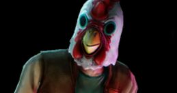 Character wearing a chicken mask and a jacket, holding a hammer and a tape recorder, set against a dark background.