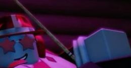 Roblox character in a stylish outfit with star glasses, relaxing with poker chips and a cue stick in a colorful setting.