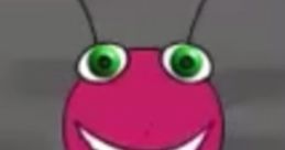 Cheerful pink character Bugbo from Bugbo with large green eyes and a wide smile, showcasing a playful design.