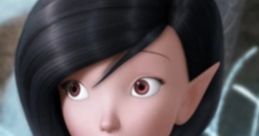 Spike from Tinkerbell with striking black hair, wearing a leaf-inspired outfit, expressing curiosity in a fantastical setting.