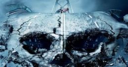 Dramatic skull emerging from cracked asphalt, set against a stormy backdrop, symbolizing darkness and destruction.