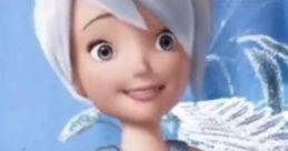 Gliss from Tinkerbell smiles brightly, showcasing her silver hair and elegant outfit against a magical icy background.