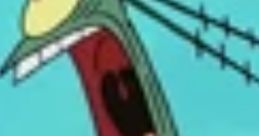 Plankton yelling with an exaggerated expression against a bright blue background, showcasing his iconic animated character style.