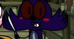 Grouwwey, a quirky purple character with a big smile, holds a knife, set in a playful animated environment.