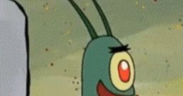 Plankton celebrating success with a cheerful expression, emphasizing witty moments in animated series.
