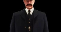 Conductor character from The Polar Express Video Game, dressed in formal attire with a cap and a distinctive mustache.