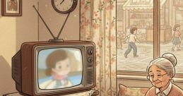 Cozy living room scene with an elderly woman knitting, children playing, and a vintage TV showcasing warmth and nostalgia.