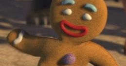 Gingy the Gingerbread Man from Shrek, smiling with colorful decorations and holding a candy cane.