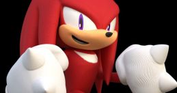 Knuckles, the red echidna, poses fiercely in colorful shoes, showcasing his strength and determination in an action stance.