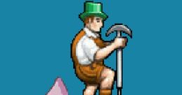 Classic arcade character climbs a colorful mountain with a pickaxe, embodying a retro gaming spirit.