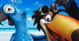 Rafael and Blu from Rio 1 enjoying a sunny day on the beach, showcasing friendship and adventure in the film.