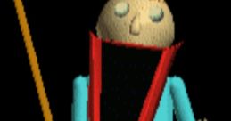 Baldi Prototype character with exaggerated features, holding a stick and wearing a blue outfit with a red collar.