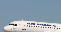 Air France Airbus A320 in flight, showcasing landing gear and distinctive livery against a clear blue sky.
