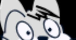 Cheerful cartoon character with a mischievous smile, featuring a gray cat design and bright expressive eyes.