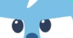 Angry blue cartoon character with big eyes and a lightning bolt on its head, ready for fun in "Meow Mooooooooooooo.
