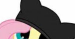 Fluttershy character with long pink mane, wearing a black cat hat, showcasing a cute and curious expression.
