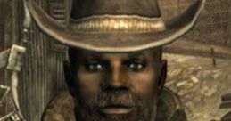 Lucas Simms, sheriff of Megaton in Fallout 3, wearing a cowboy hat and leather coat in a post-apocalyptic setting.