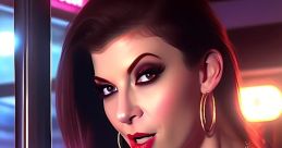 Stylish woman in a purple outfit with bold makeup, high-energy bar scene, and star necklace, exuding confidence and allure.