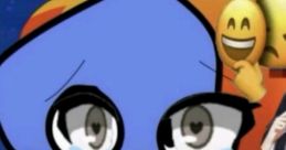 Blue cartoon character with teary eyes, expressing sadness while sitting on a couch, surrounded by emoji reactions.