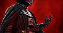 Darth Vader stands menacingly with a red lightsaber, embodying the dark side of the Force against a fiery backdrop.