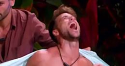 Contestant celebrating excitedly while revealing his physique during a lively scene from "Montoya por favor.