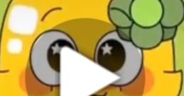 Happy yellow character with green flower, featured in "Avend," smiling and ready for fun and adventure in a colorful setting.
