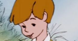 Christopher Robin in a yellow shirt, enjoying nature and daydreaming among the Hundred Acre Wood. Classic cartoon character.