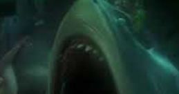 A large shark with an open mouth, showcasing sharp teeth in a dark underwater scene, highlighting ocean life excitement.