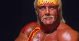 Hulk Hogan posing confidently with muscular arms, showcasing his iconic look in yellow wrestling attire.