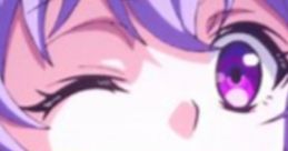 Cheerful character with purple hair and bright eyes, winking joyfully, embodying fun and randomness in art style.
