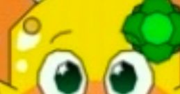 Cheerful yellow character with green decoration, ready for adventure in a colorful animated setting. Fun and vibrant design.