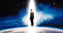 Promotional poster for 'The Man from Earth' featuring a mysterious figure against a cosmic backdrop, emphasizing timeless themes.
