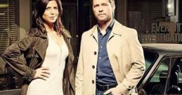 Main characters from Private Eyes (2016) pose confidently in front of a classic car, showcasing their detective style.