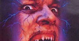 Vampire-like creature with fangs and eerie eyes against a purple lightning background from "The Laughing Dead" (1989).