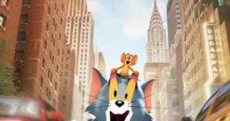 Tom and Jerry hilariously chase each other through a bustling city street in the 2021 animated film.