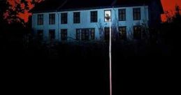 Haunting image of a house at night, featuring dark windows and ominous tones, promoting the film "Dark Windows (2023).