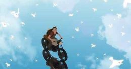 A young girl cycles through an enchanting sky filled with birds, embodying freedom in the animated film *Away (2019)*.