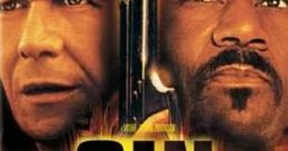 Dramatic poster for "Sin" (2003), featuring Gary Oldman and Ving Rhames, with a fiery background and suspenseful tone.