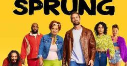 Cast of Freevee's 'Sprung' (2022) showcasing quirky characters against a vibrant yellow background.