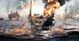Poster for "The Burning Sea" highlighting disaster at an oil rig with flames and smoke, showcasing dramatic ocean chaos.