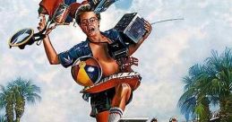 A comedic poster of "Fraternity Vacation" featuring a college guy balancing beach gear with a poolside character.