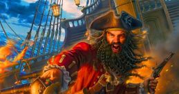 Fearless pirate charging into battle on a ship, wielding a sword and pistol amidst flames and chaos. Adventure awaits!