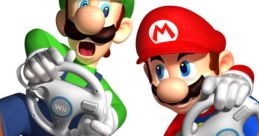 Mario and Luigi excitedly race with Wii steering wheels, embodying fun from Mario Kart Wii in vibrant colors.