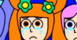 Girl with orange hair and yellow outfit, cartoon style, standing with concern, surrounded by colorful characters on blue background.