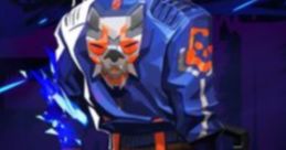 Character in a blue jacket with a fierce mask design, showcasing a dark, dynamic background full of energy and intensity.